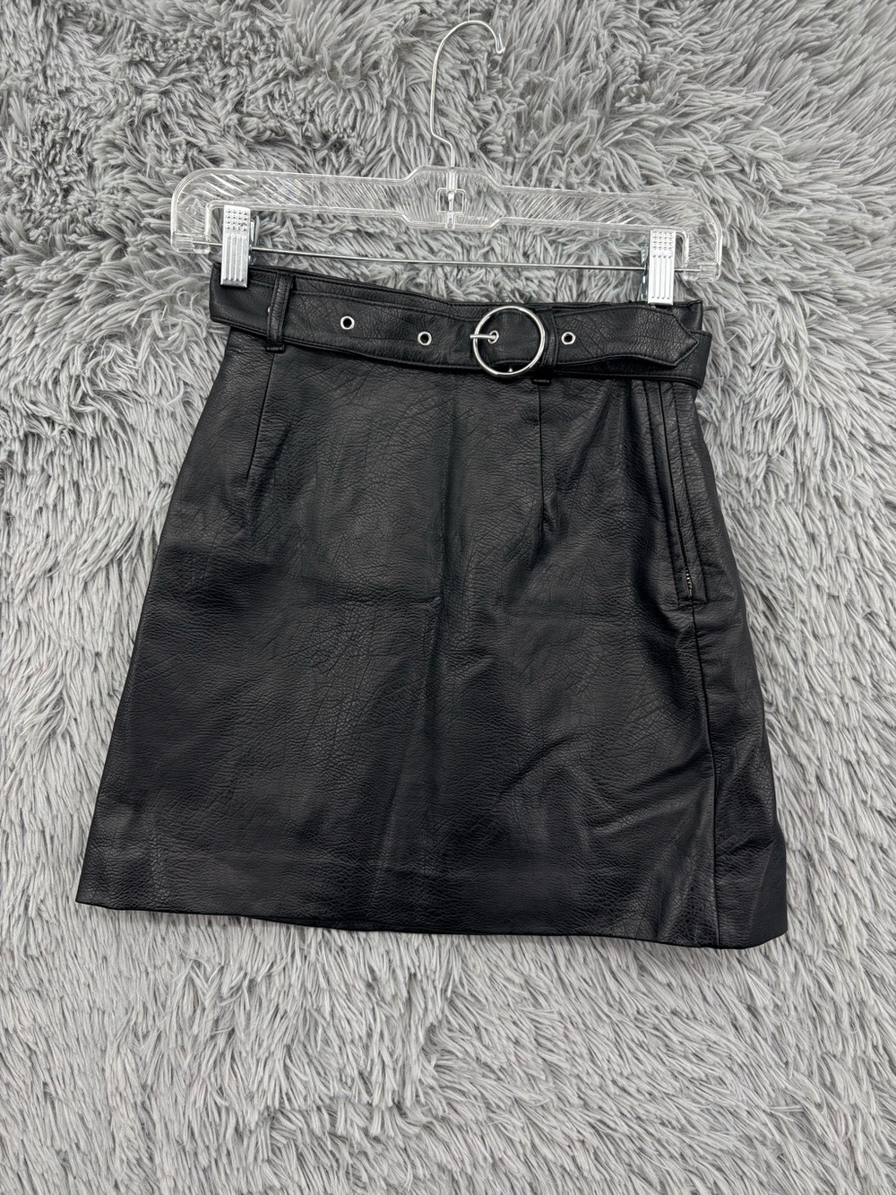 Divided Faux Leather Mini Skirt Womens 0 Black Removable Belt Zipper